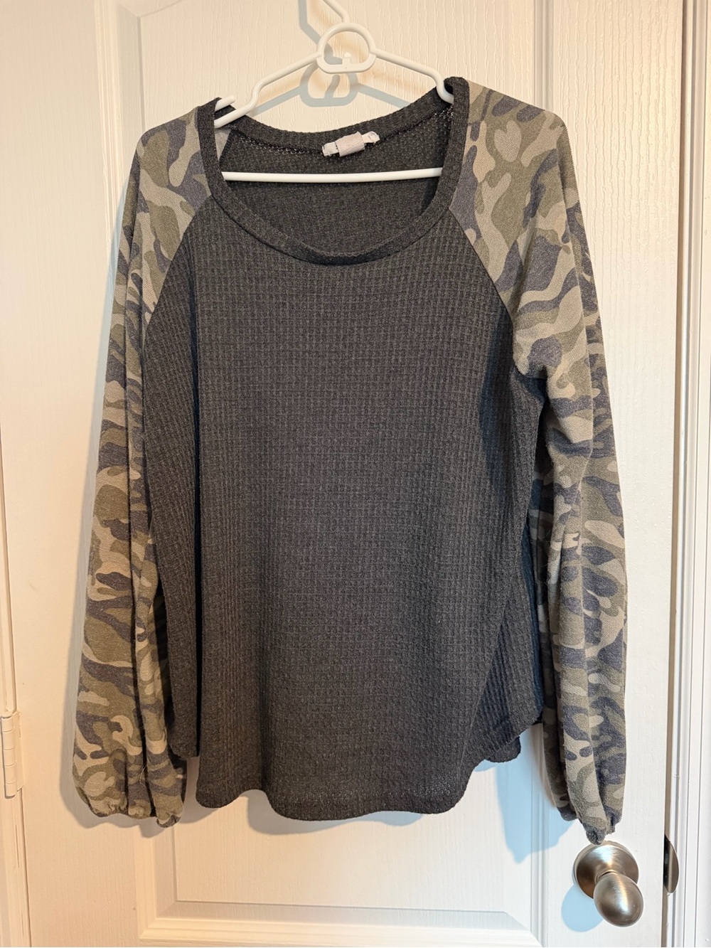 Women's Grey Thermal Top with Camo Raglan Sleeves